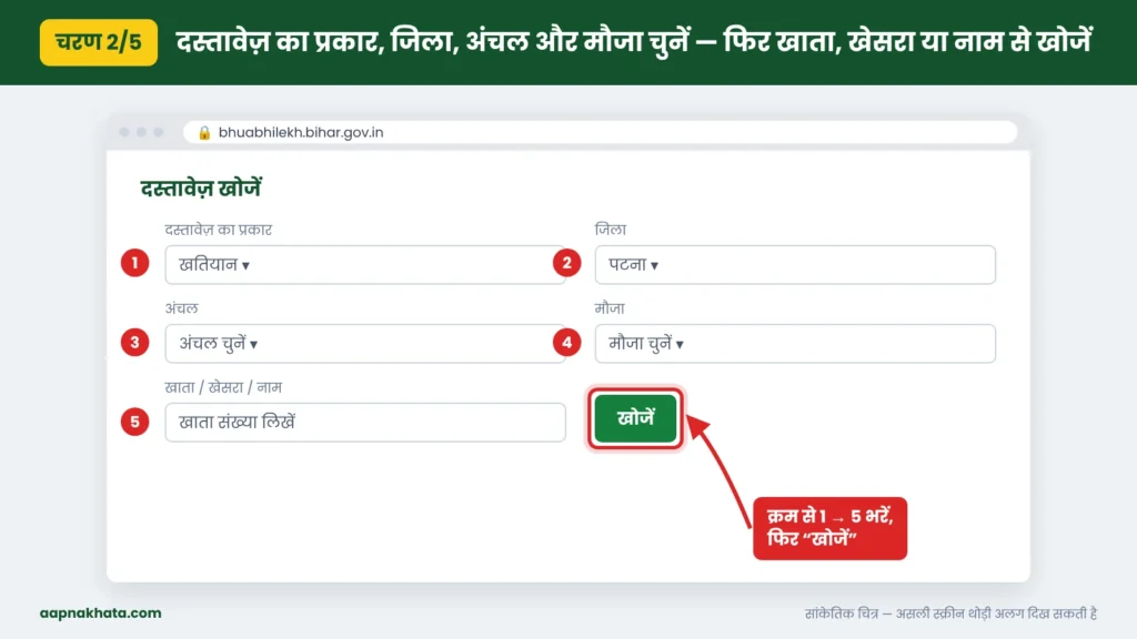 भू-अभिलेख बिहार पर खतियान खोजने के लिए दस्तावेज़ का प्रकार, जिला, अंचल, मौजा और खाता संख्या भरना